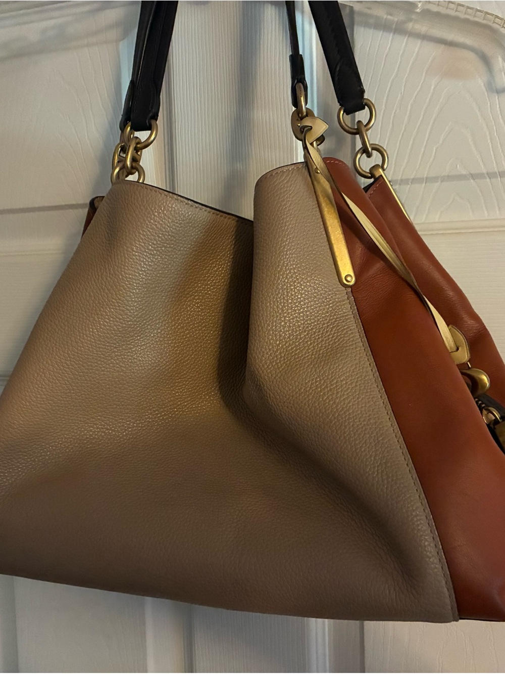 Coach Two-Tone Leather Shoulder Bag in Taupe and Chestnut